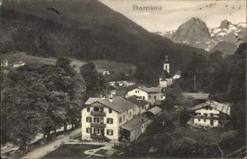 Ak Ramsau im Berchtesgadener Land Oberbayern, Berglandschaft, Häuser, Kirche, Bäume, Ramsau