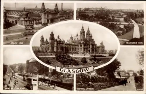 Ak Glasgow Schottland, Kelvin Hall, Great Western Road, Art Galleries, Botanic Gardens, Park