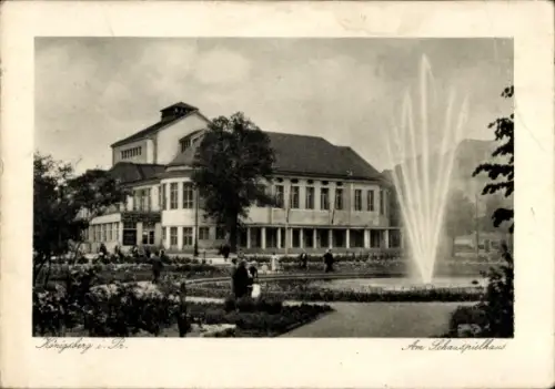 Ak Kaliningrad Königsberg Ostpreußen, Königsberg Pr, Schauspielhaus, Brunnen, Park, Menschen