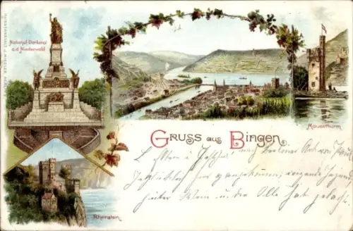 Litho Rüdesheim am Rhein, Mäuseturm, Niederwald Nationaldenkmal, Rheinstein, Bingerbrück