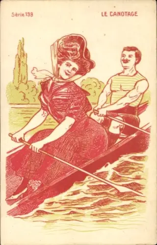 Litho Paar beim Rudern, Ruderboot
