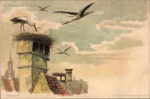 Ak Strasbourg Straßburg Elsass Bas Rhin, Störche, Storchennest, Dächer