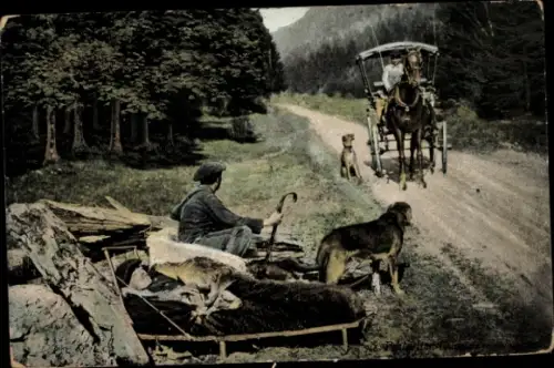 Ak Pontarlier Doubs, Männer am Straßenrand, Kutsche, Wald