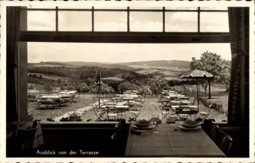 Ak Siedelsbrunn Wald Michelbach im Odenwald Hessen, Ausblick von der Terrasse, Tische im Freien, 