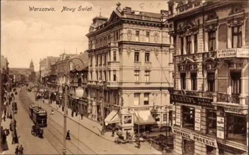 Ak Warszawa Warschau Polen, Warszawa, Nowy Świat, Straßenansicht,  Gebäude, Straßenbahn