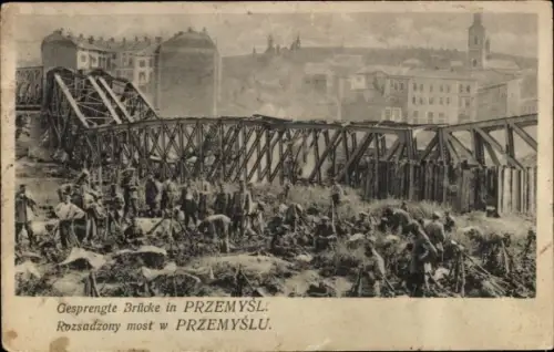 Ak Przemyśl Polen, gesprengte Brücke, 1. WK