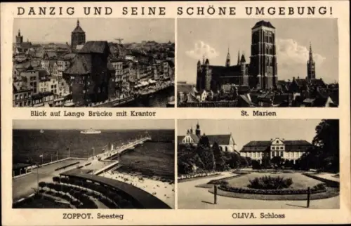 Ak Gdańsk Danzig,  Lange Brücke, Krantor, St. Marien, Zoppot, Seesteg, Oliva, Schloss