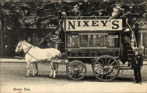Ak London England, Pferde-Omnibus Strand - Clissold Park, Reklame Nixey's Black Lead