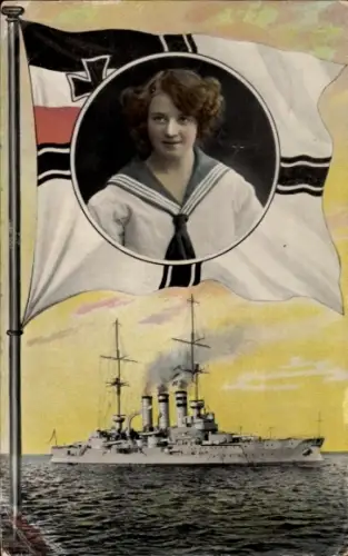 Ak Deutsches Kriegsschiff, Fahne, Frau in Matrosenuniform