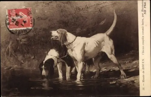 Künstler Ak Portrait zweier Hunde am Ufer