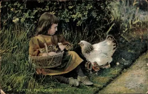 Ak Mädchen mit Huhn und Küken