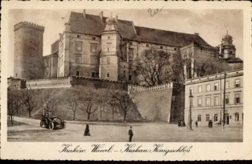 Ak Kraków Krakau Polen, Wawel-Königsschloss,  Auto, Menschen, Bäume