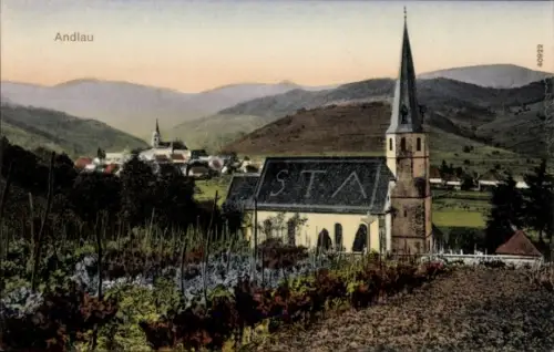 Ak Andlau Elsass Bas Rhin,  Kirche, Weinberge, Landschaft, farbige 