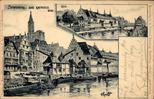 Ak Strasbourg Straßburg Elsass Bas Rhin, Zeichnung des Kaufhauses, Flussansicht,  Gebäude, 1899