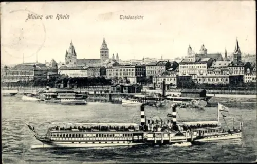 Ak Mainz am Rhein, Mainz am Rhein, Totalansicht, Dampfschiff, Rhein, Stadtansicht