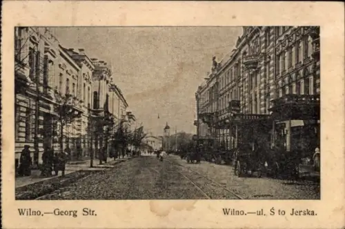 Ak Vilnius Wilna Wilno Litauen,  Georg Str., Straßenansicht, Pferdewagen, Menschen