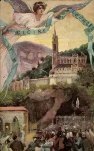 Ak Lourdes Hautes Pyrénées, Engel,  Menschenmenge, Kirche, Banner mit Schriftzug