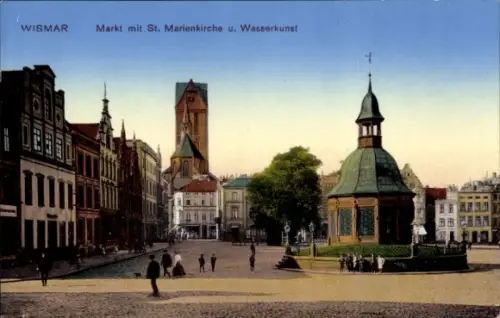 Ak Wismar in Mecklenburg Vorpommern, Markt mit St. Marienkirche und Wasserkunst