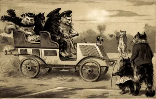 Litho Vermenschlichte Tiere, Katzen fahren Auto