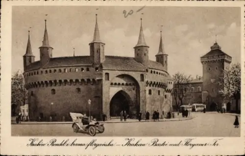 Ak Kraków Krakau Polen, Rondell und Florianstor in  Bastei, Horyaner Mer, Auto