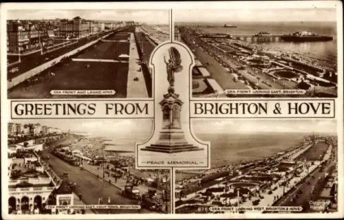 Ak Brighton and Hove East Sussex England, Meerblick, Promenade, Peace Memorial,  