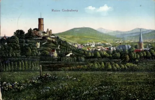 Ak Bad Godesberg Bonn am Rhein, Ruine  Landschaft mit Weinbergen, Kirche, Turm