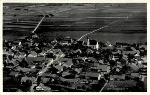Ak Aš Asch Region Karlsbad, Luftaufnahme von  Häuser, Kirche, Felder, Straßen