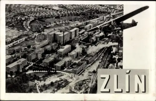 Ak Zlin Stadt Region Zlin, Fliegeraufnahme, Flugzeug