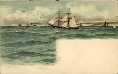 Künstler Ak Seepanorama, Segelschiff, Boote