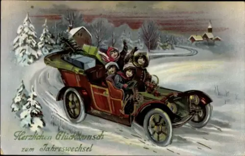 Ak Glückwunsch Neujahr, Kinder im Auto