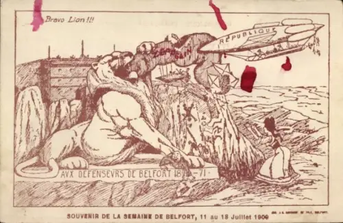 Künstler Ak Belfort Territoire de Belfort, La Semaine de Belfort 1909, Aux Defenseurs, Lion