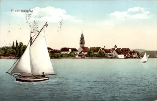 Ak Friedrichshafen am Bodensee, Segelboot, Stadtansicht,  Bodensee