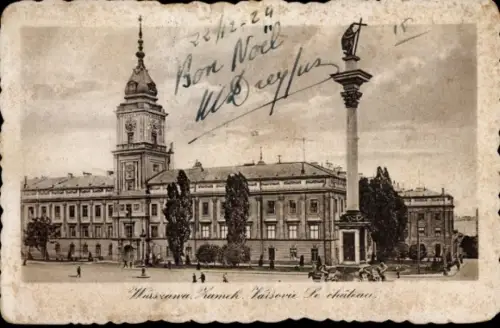 Ak Warszawa Warschau Polen, Historisches Gebäude, Uhrturm, Säule, Menschen auf der Straße