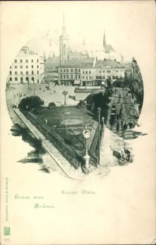 Ak Brno Brünn Südmähren, Stadtansicht, Grosser Platz, Menschen, Bäume, Laternen