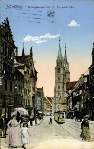 Ak Nürnberg,  Königstraße, St. Lorenzkirche, Straßenbahn, Menschen