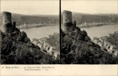 Stereo Ak St. Goarshausen, Bords du Rhin, La Tour de Chât