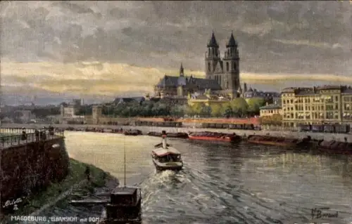 Künstler Ak Magdeburg an der Elbe, Elbansicht, Dom, Dampfer