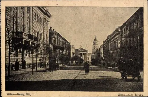 Ak Vilnius Wilna Litauen, Wilna-Georg Str., Straßenansicht, Gebäude, Menschen, Pferdefuhrwerke