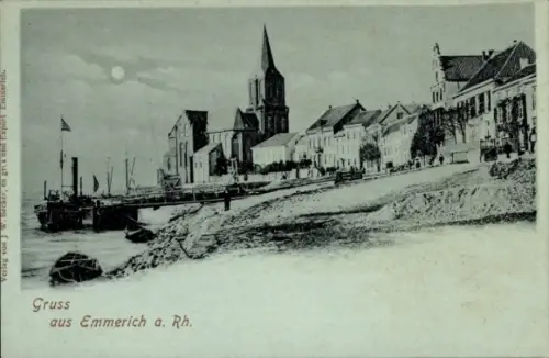 Mondschein Ak Emmerich am Rhein, Rheinufer, Anlegestellen, Kirche