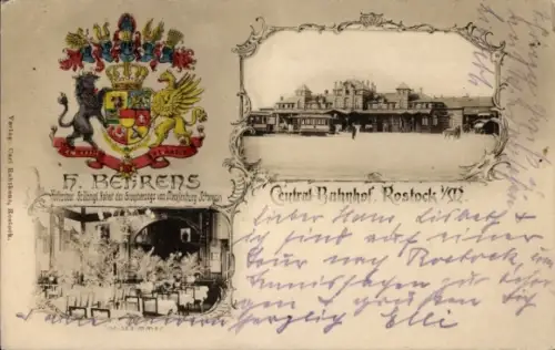 Wappen Ak Hansestadt Rostock, Zentralbahnhof, Restaurant H. Behrens
