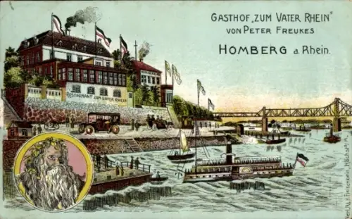 Litho Homberg am Rhein Duisburg im Ruhrgebiet, Gasthof zum Vater Rhein