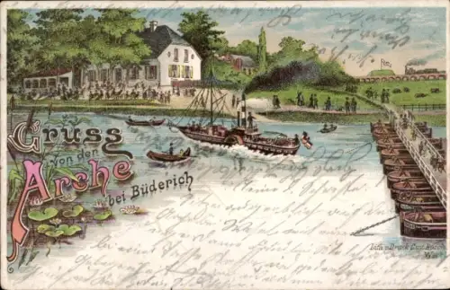 Litho Büderich Wesel am Niederrhein, Gasthaus Arche, Dampfer