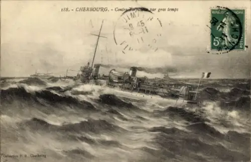 Ak Contre Torpilleur par gros temps, Cotes Normandes