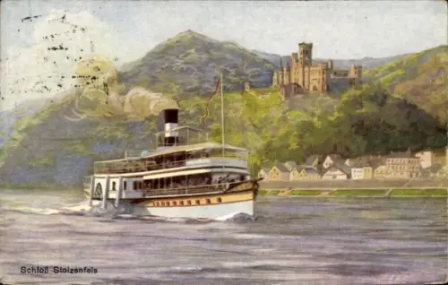 Künstler Ak Stolzenfels Koblenz am Rhein, Schloss, Dampfer, Köln-Düsseldorfer Rheindampfschifffahrt