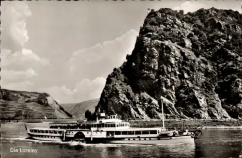 Ak Dampfschiff auf dem Rhein vor dem Loreleyfelsen, Loreley