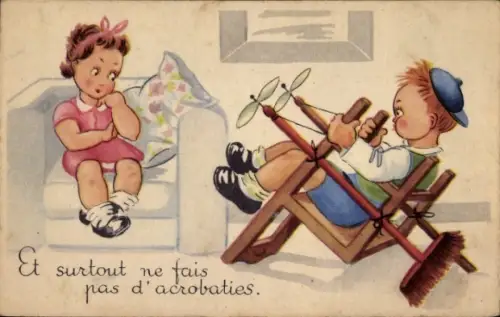 Künstler Ak Und vor allem keine Akrobatik, Kind in einem Flugzeug aus Stuhl und Besen gebaut