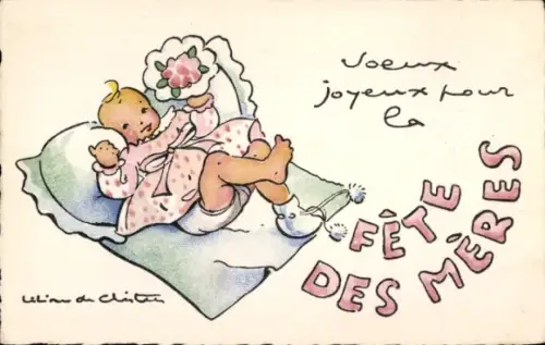 Künstler Ak Muttertag, Baby auf einer Decke, Blumenstrauß