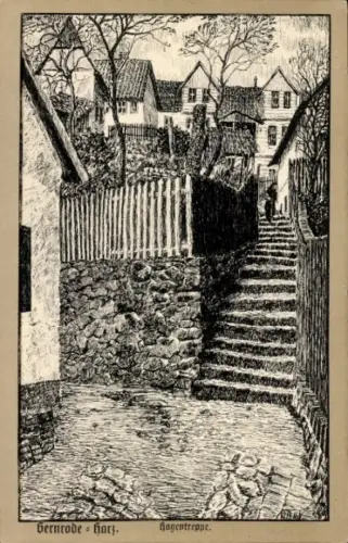 Künstler Ak Gernrode Quedlinburg im Harz, Hagentreppe