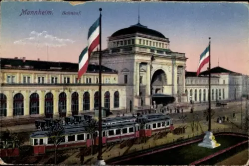 Ak Mannheim in Baden Württemberg, Straßenbahn am Bahnhof