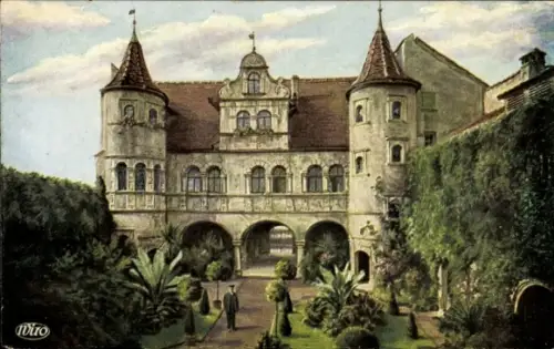 Ak Konstanz am Bodensee, Rathaus mit Türmen, Garten, Pflanzen, Spaziergänger